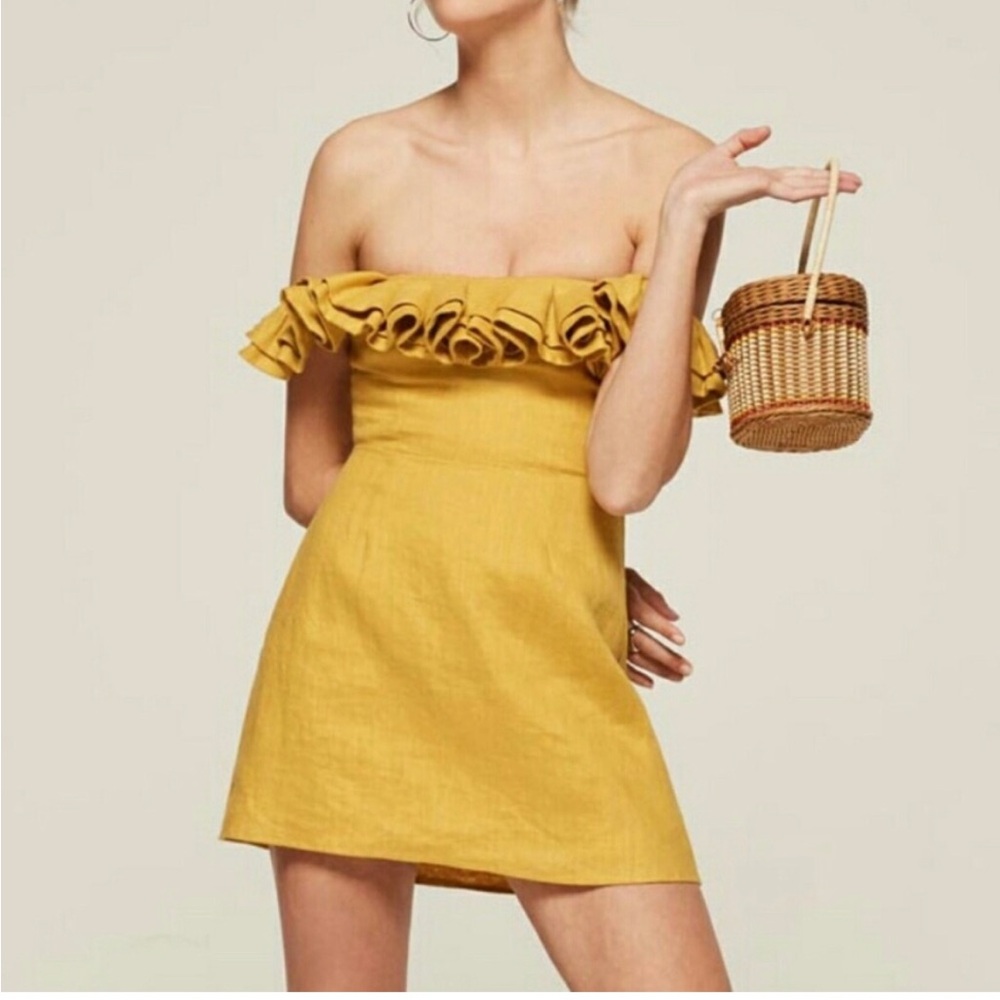 SOLD REFORMATION  CORAL DRESS YELLOW MUSTARD LINEN RUFFLED OFF SHOULDER  MINI